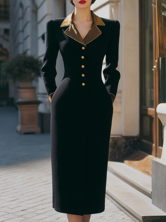 Black Gold-Trimmed Lapel Midi Dress