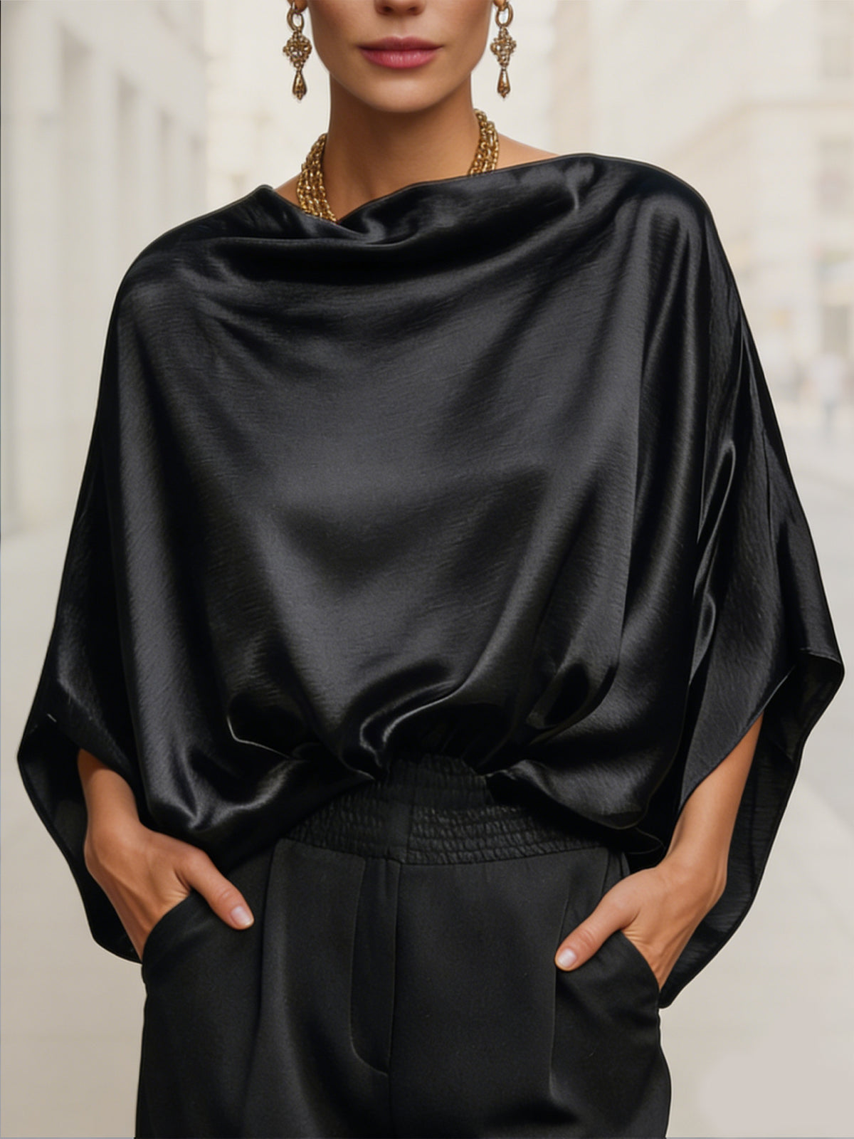 Draped Satin Batwing-Sleeve Blouse