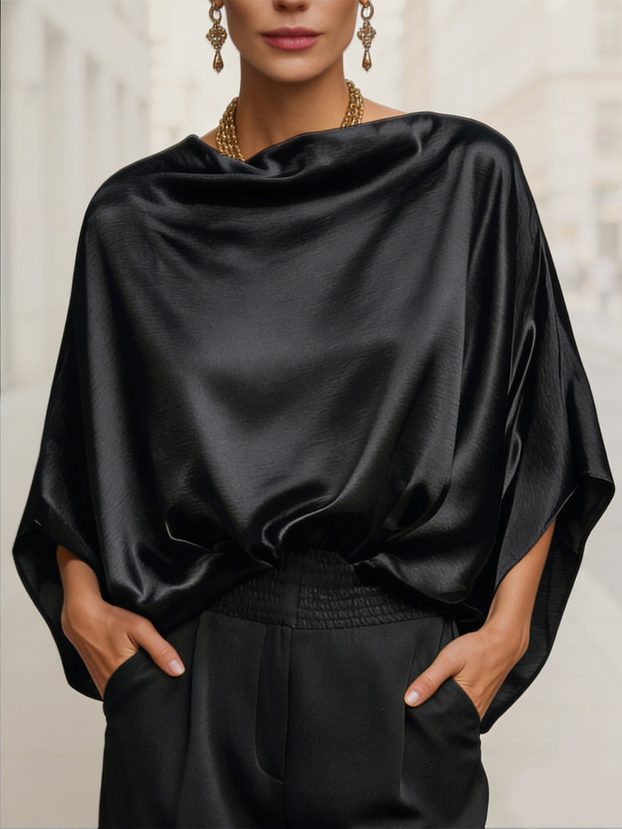 Draped Satin Batwing-Sleeve Blouse