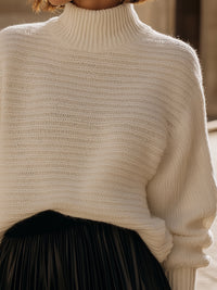 Cream Knit Turtleneck Sweater With Ribbed Design