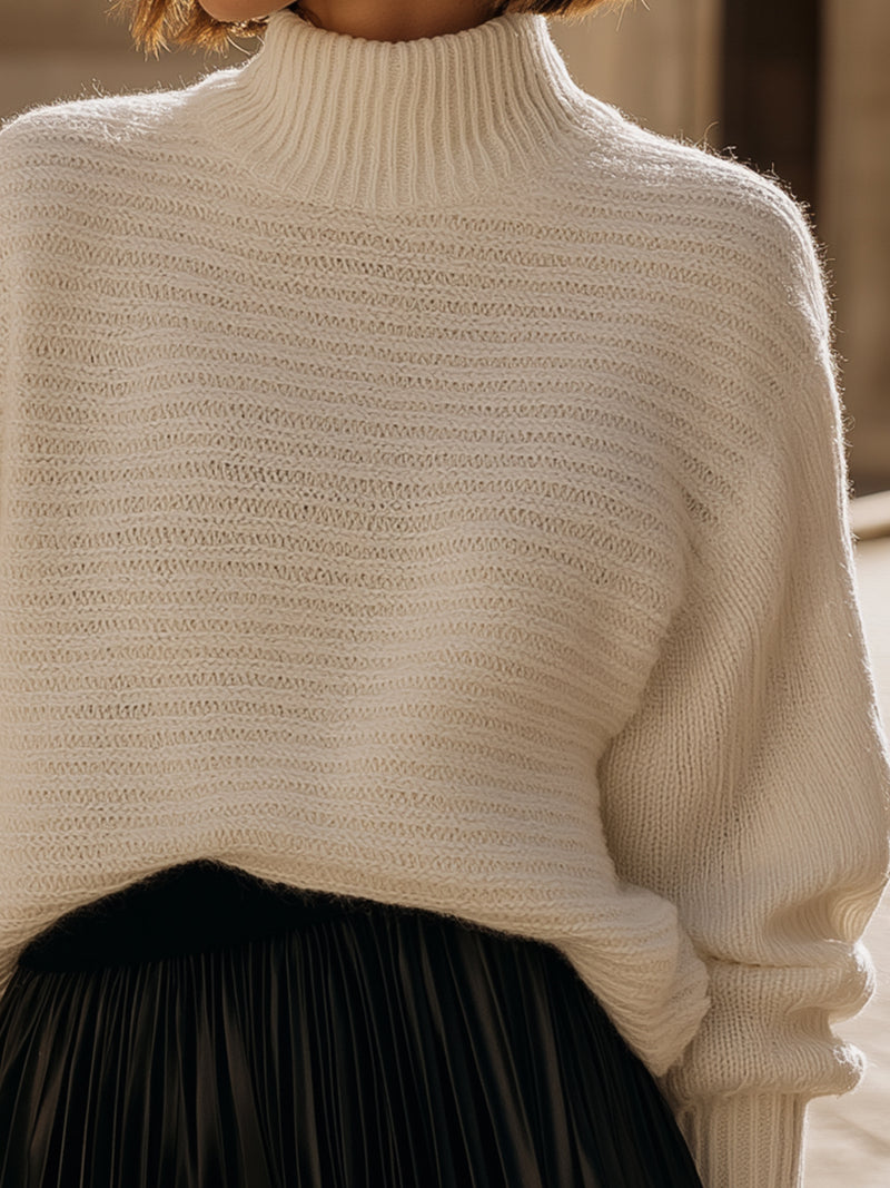 Cream Knit Turtleneck Sweater With Ribbed Design