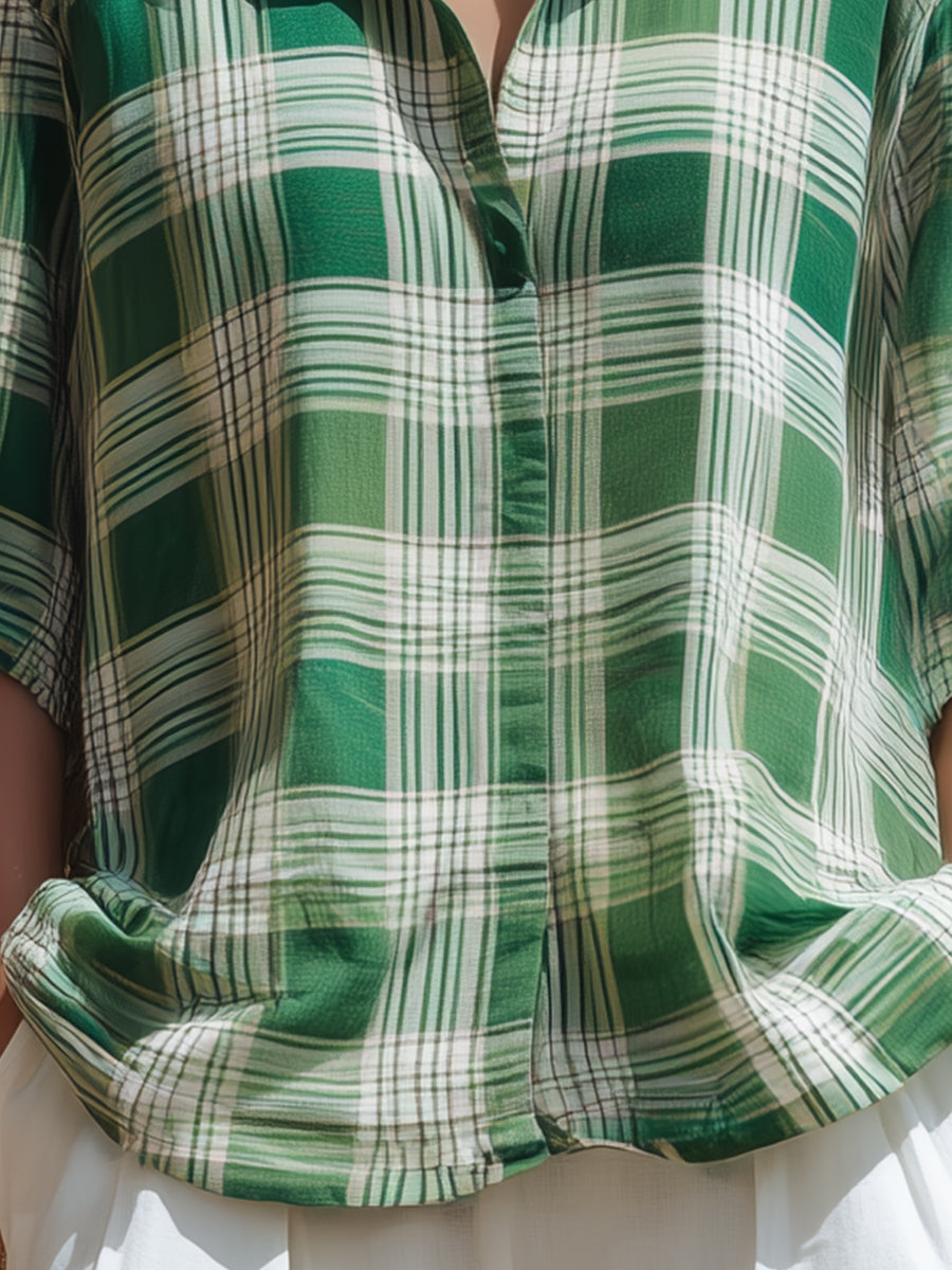 Relaxed Plaid Button-Up Short Sleeve Shirt