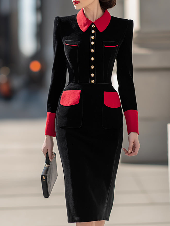 Contrast Collar Button-Up Pencil Dress In Black & Crimson Red