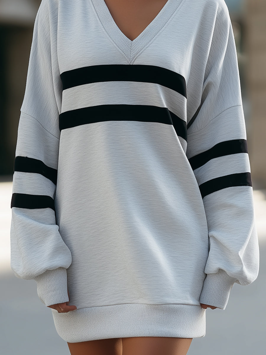 Oversized V-Neck Sweatshirt With Black Stripe Detail
