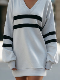 Oversized V-Neck Sweatshirt With Black Stripe Detail