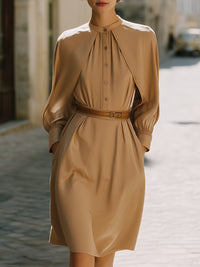 Camel Cape-Overlay Belted Shirt Dress