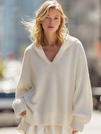 Ivory Casual Knit Midi Hoodie