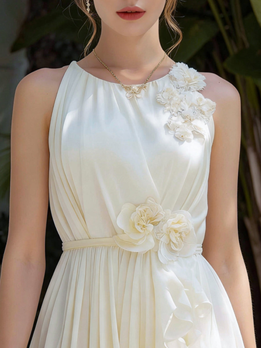 Floral Appliqué Asymmetrical Hem Sleeveless Dress