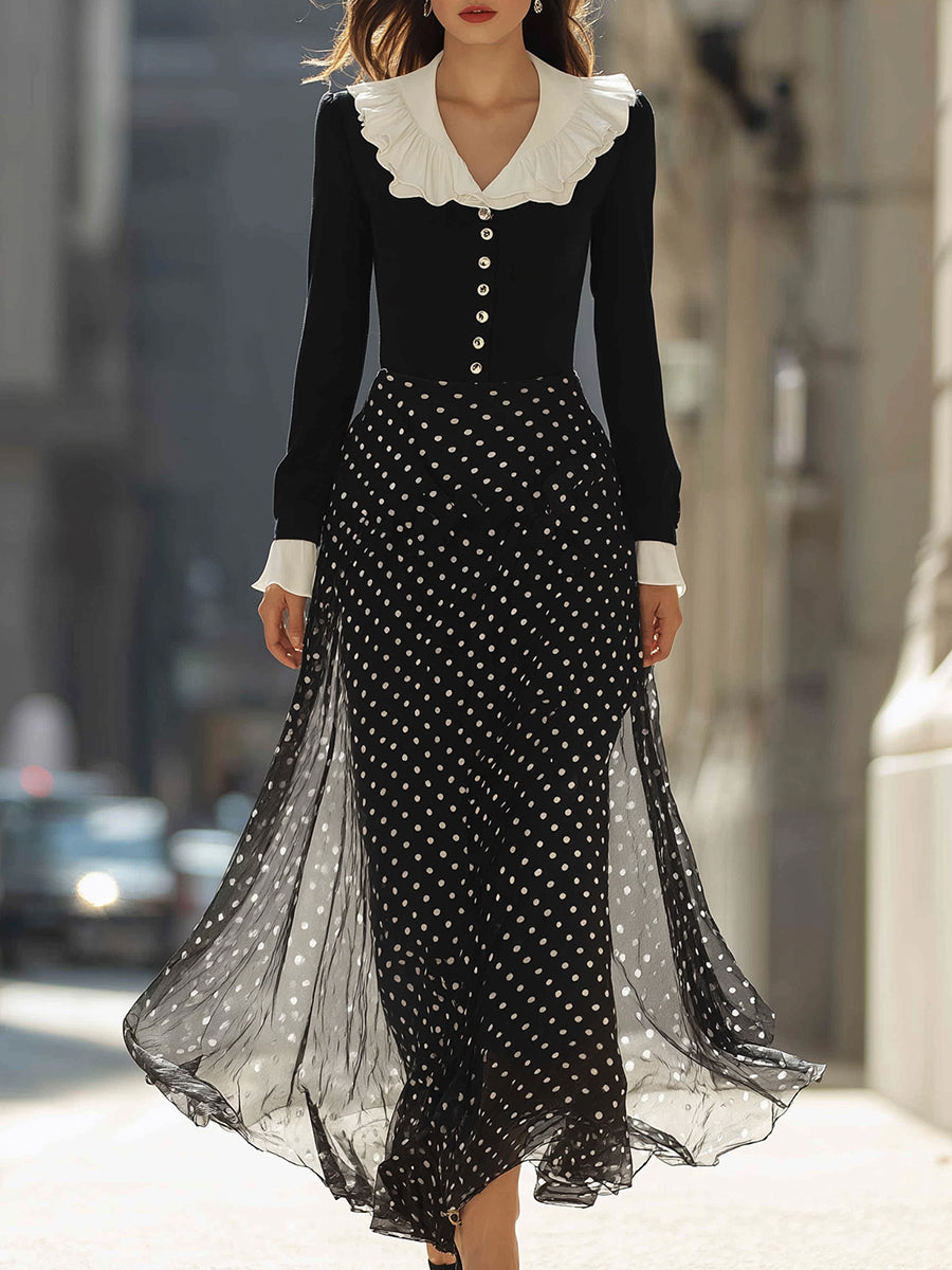 Ruffled Collar Polka Dot Maxi Dress