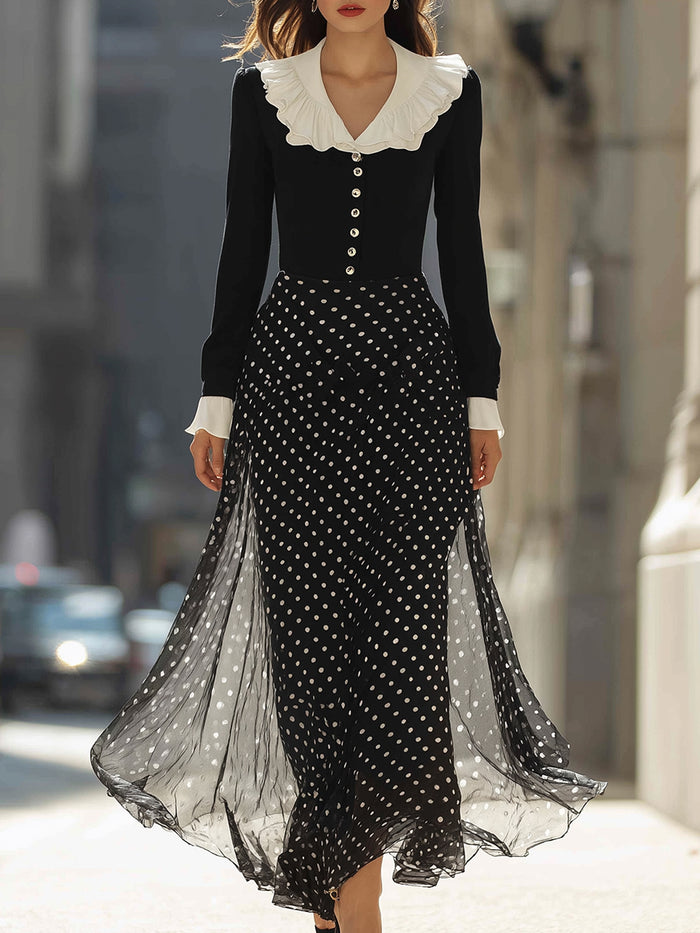 Ruffled Collar Polka Dot Maxi Dress