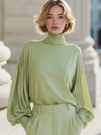 Pistachio Balloon-Sleeve Turtleneck Blouse