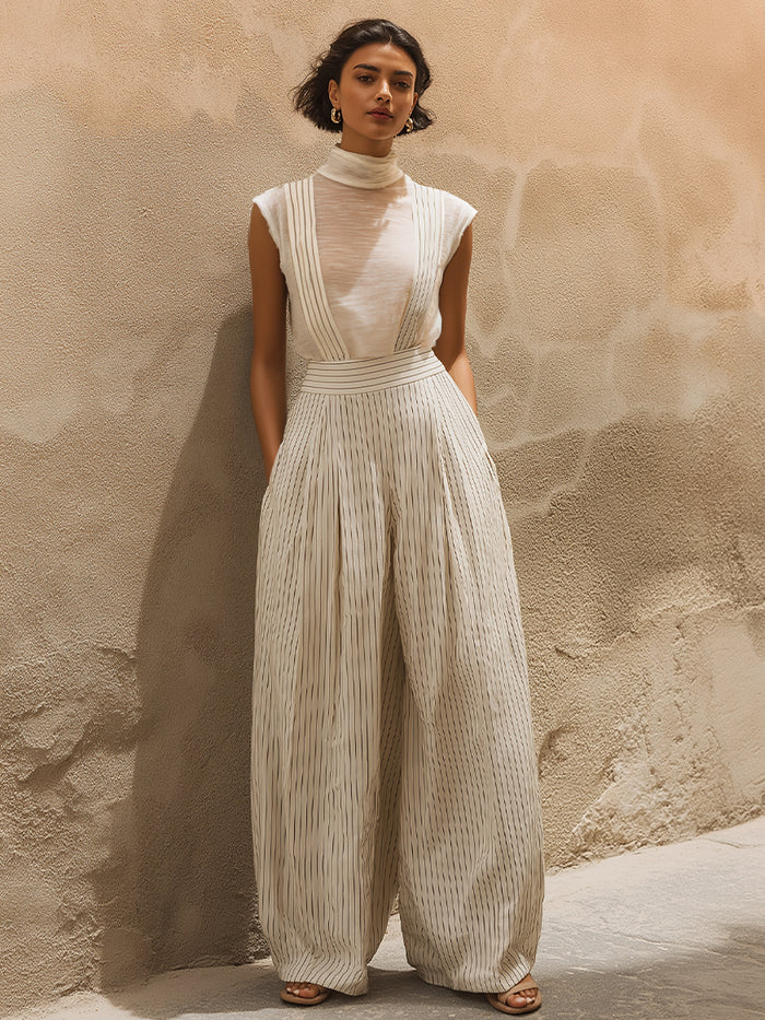 Artisan Linear Linen Co-ord Set – High-Neck Sheer Top & Striped Suspender Palazzo Trousers