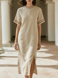 Contrast Trim Short Sleeve Slit Midi Dress