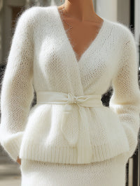 Fuzzy Knit Belted Cardigan And Pencil Skirt Set