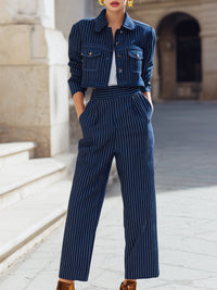 Pinstripe Denim Jacket And High-Waisted Pants Set