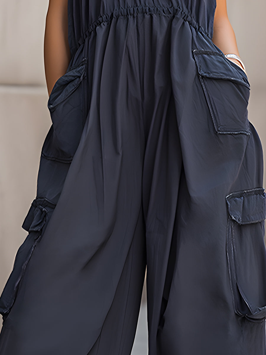 Elastic-Waist Cargo Wide-Leg Cami Jumpsuit