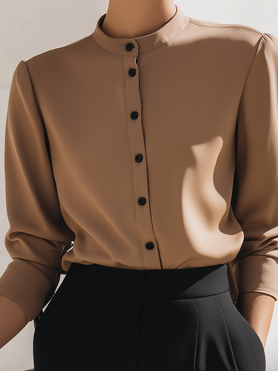 Camel Minimalist Button-Down Blouse With Mandarin Collar