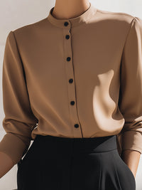 Camel Minimalist Button-Down Blouse With Mandarin Collar