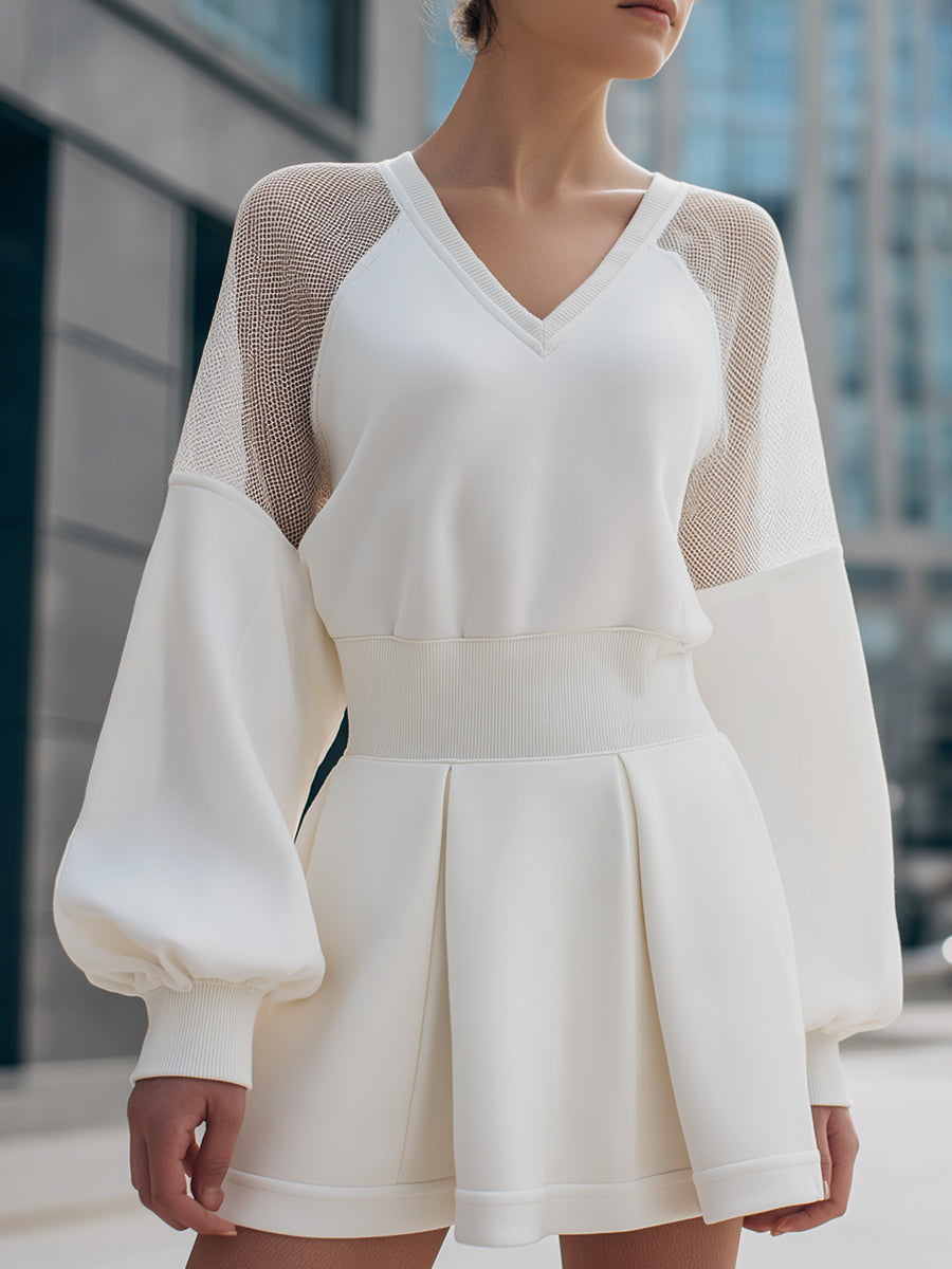 Mesh-Panel Balloon Sleeve Skater Dress