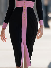 Black Ribbed Knit Midi Dress With Pink Contrast Trim