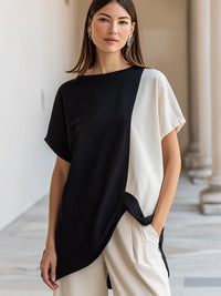Asymmetric Color-Block Short Sleeve Top