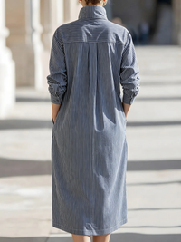 Vertical Stripe Stand-Collar Shirt Midi Dress