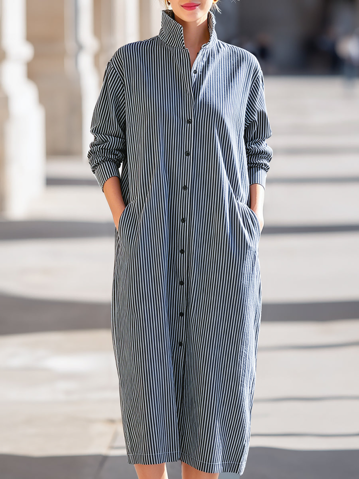 Vertical Stripe Stand-Collar Shirt Midi Dress