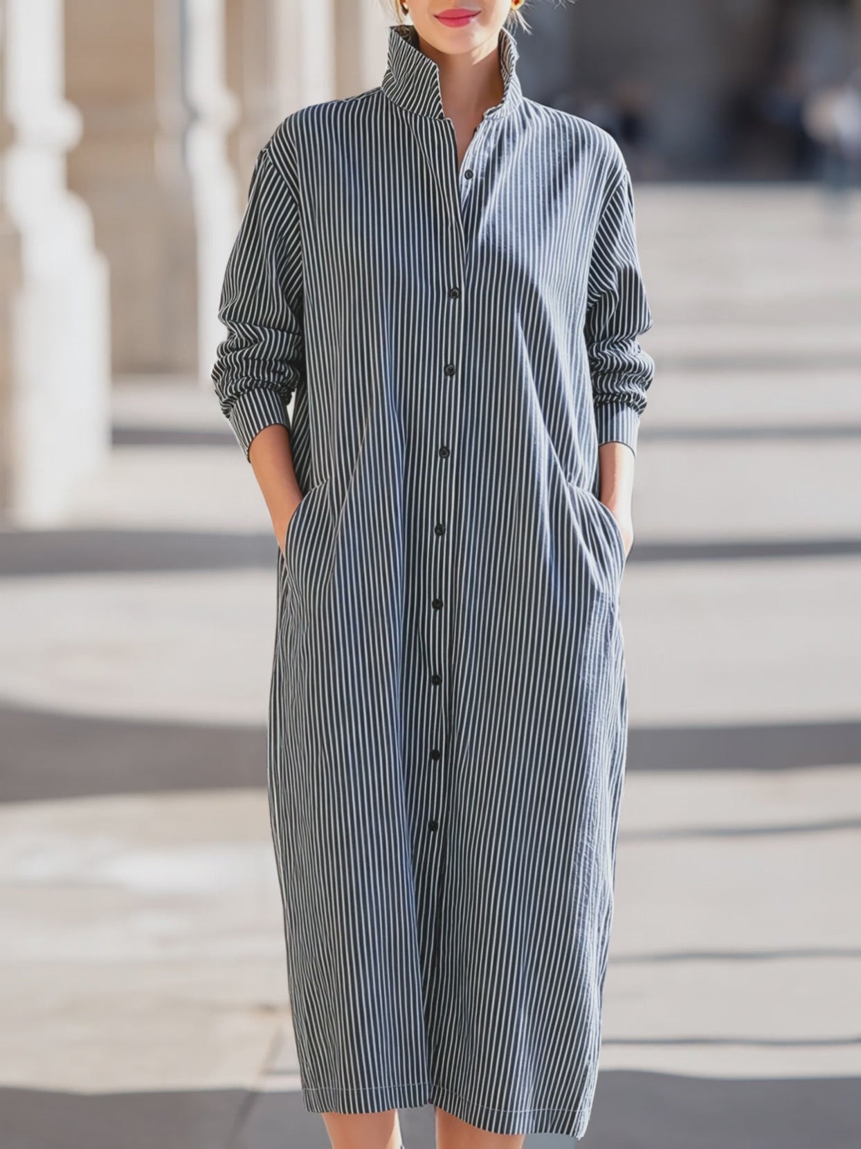 Vertical Stripe Stand-Collar Shirt Midi Dress – Solynna