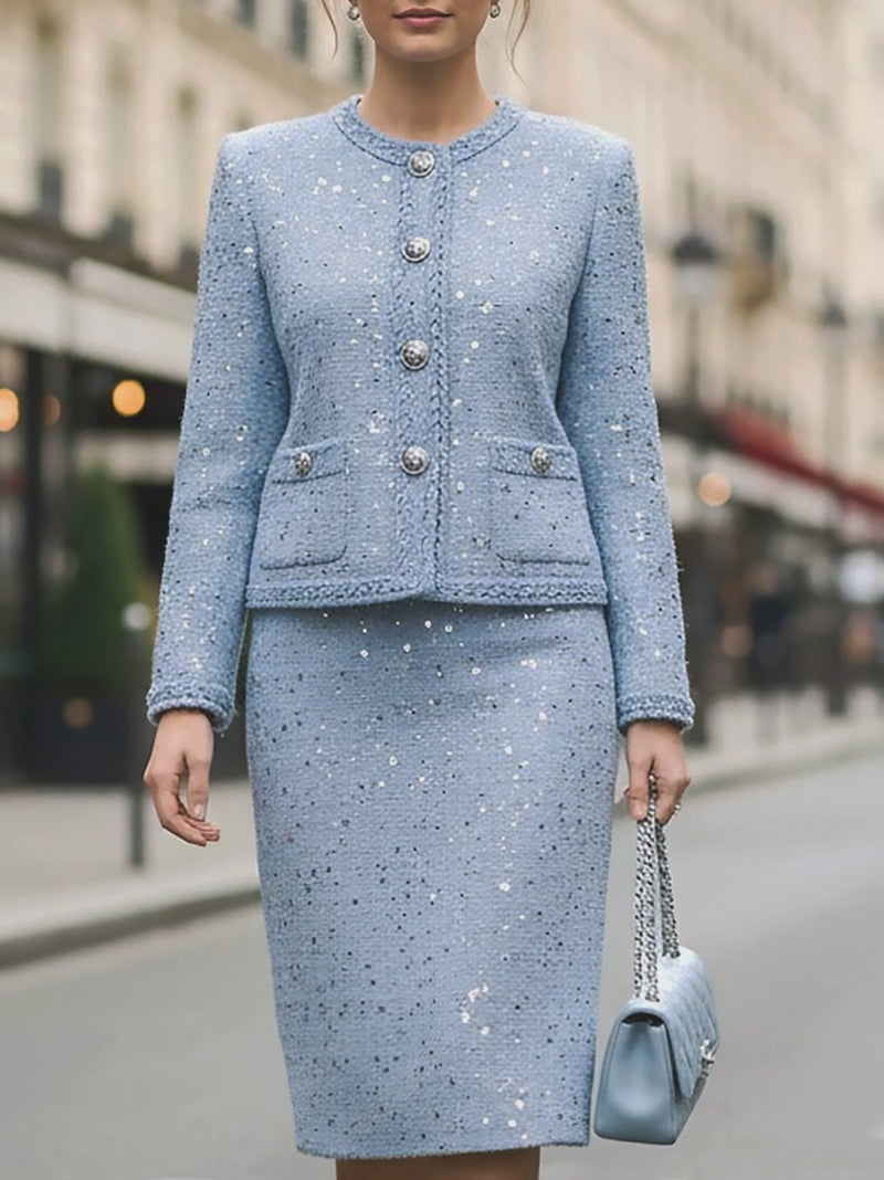 Sequin Tweed Skirt Suit With Silver Buttons